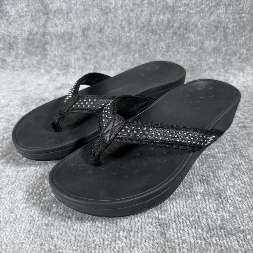 Vionic Kehoe Sandals Women's 8 Black Studded Leather Flip Flops Wedge Platform
